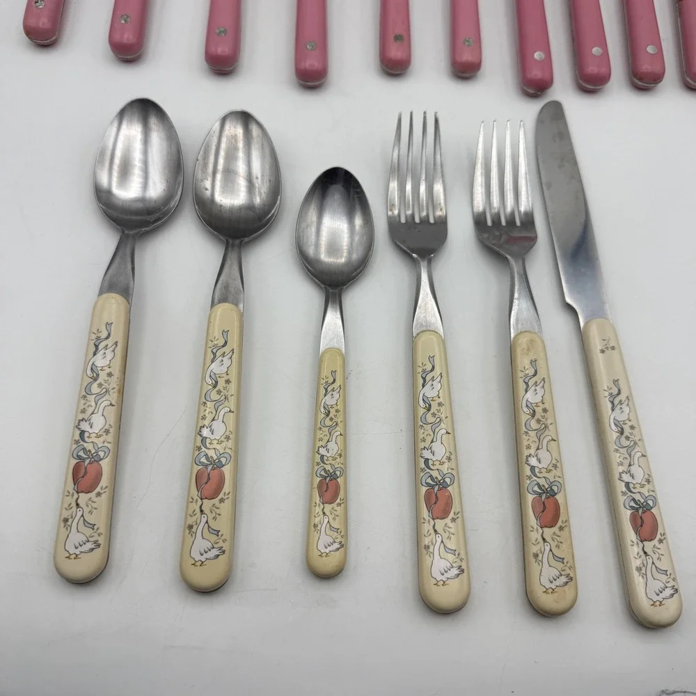 Interpur Flatware Set Mixed Pink Marmalade Goose Pattern Vintage Stainless Steel